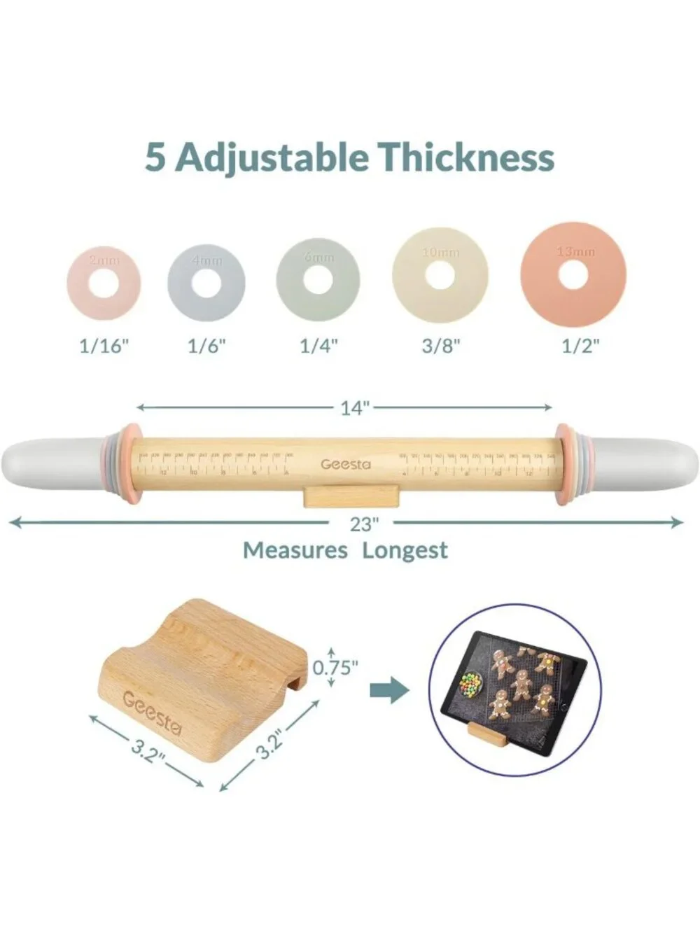 Adjustable Rolling Pin with 5 Thickness Rings & Measurement Guide for Baking